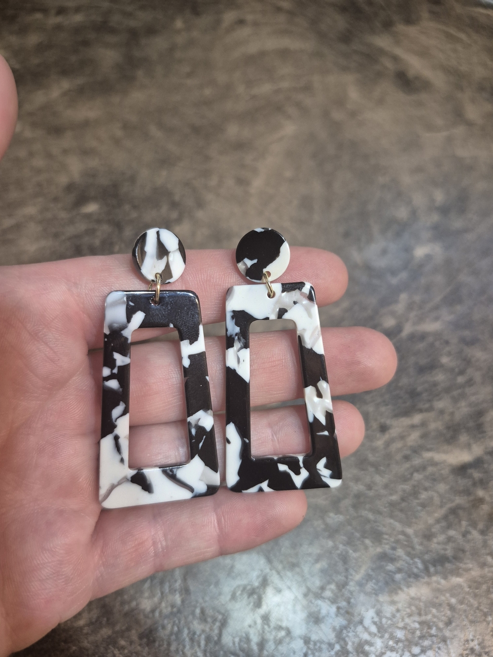 3 For $15 !! Black & White Marble Rectangular Drop Earrings - Women Jewelry